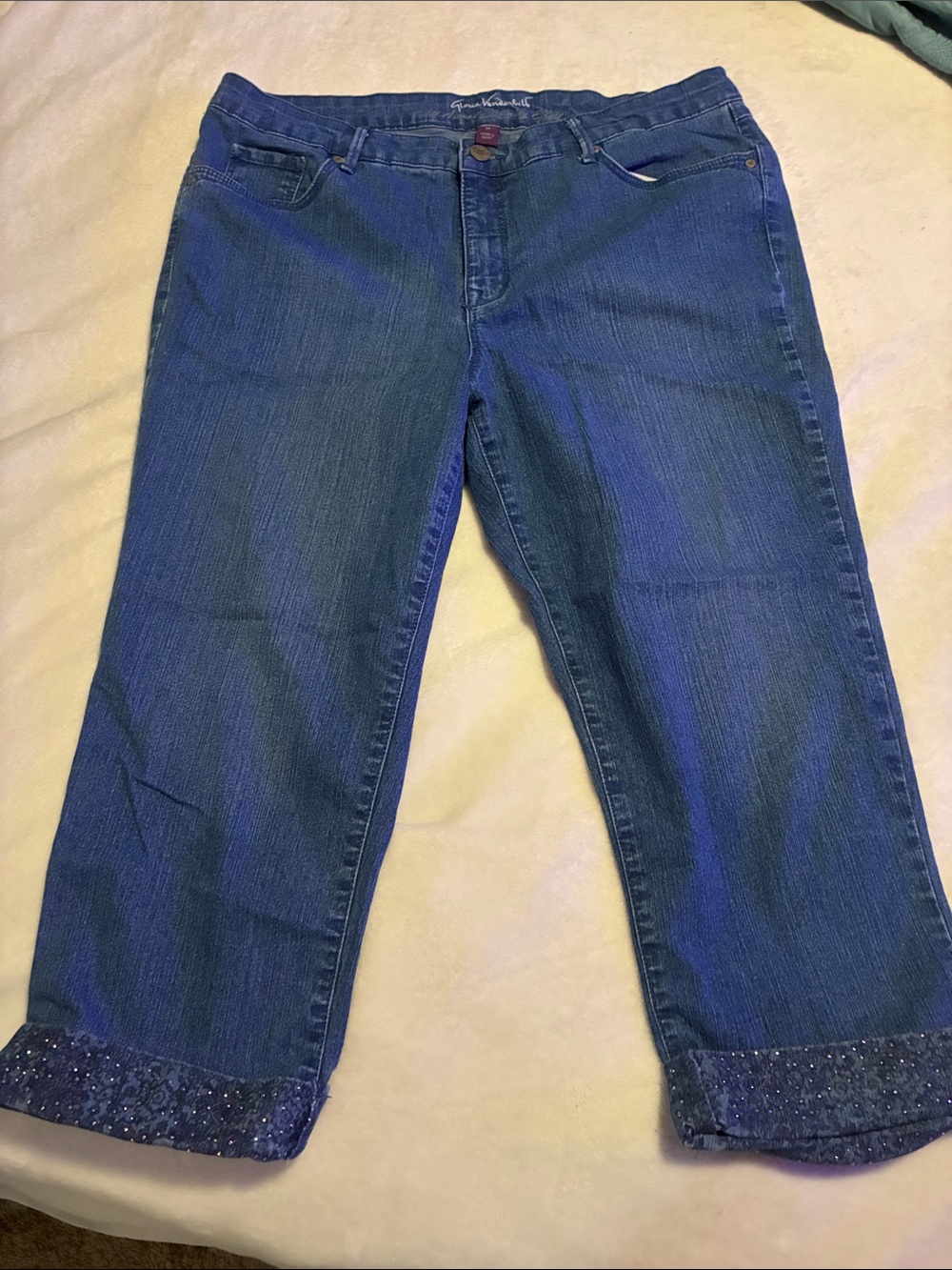 Gloria Vanderbilt Dark Blue Cropped Jeans with Embellished Hem
